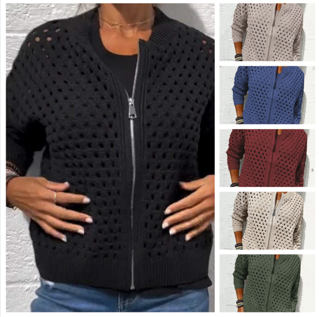 Lässige Damen Strickjacke mit Reißverschluss und hohlem Design