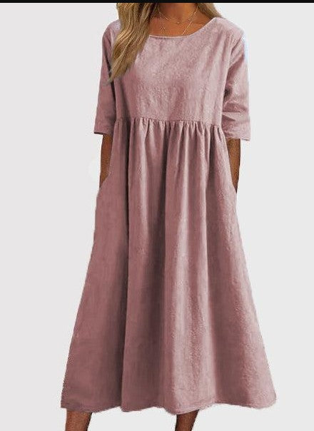🌸50% Rabatt🌸Frauen gelegentlich grundlegender Outdoor -Crew -Nahrung Taschenpocket Smocked Baumwollkleid