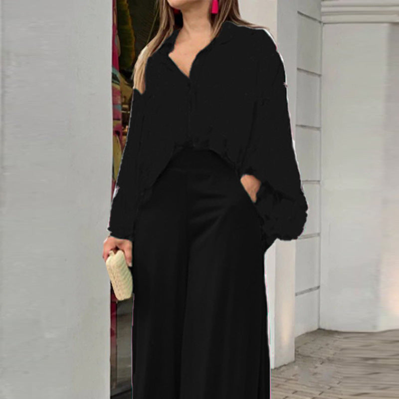 Geblümtes Damenhemd und Hose mit weitem Bein und hoher Taille (1 Set)