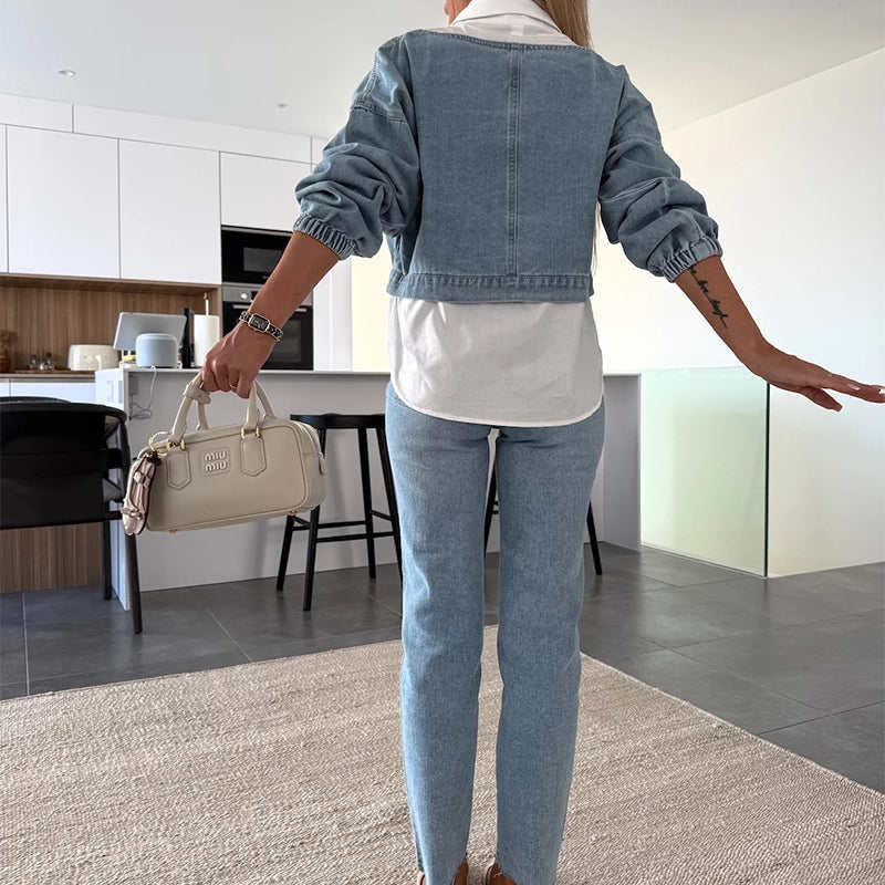 💥Modisches, zweiteiliges Set aus langärmligem Jeansoberteil und Hose für Damen