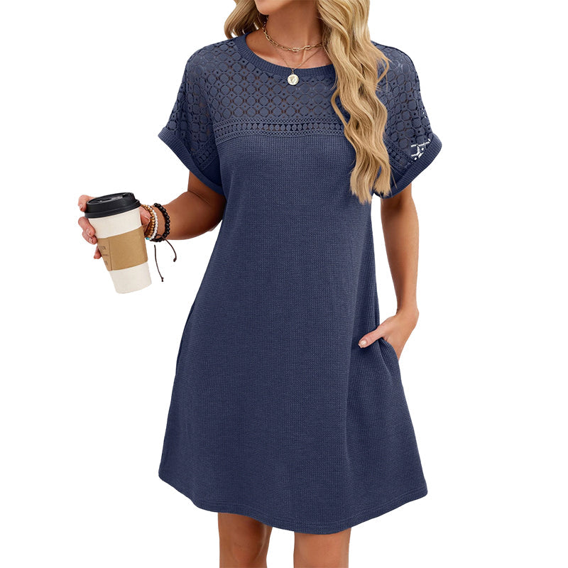 Damen-Kurzarmkleid in A-Linie mit Spitzen-Patchwork