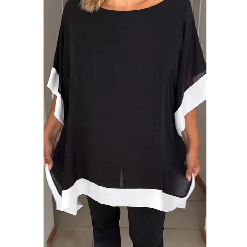 Farbblock-T-Shirt mit lockeren Fledermausärmeln für Damen