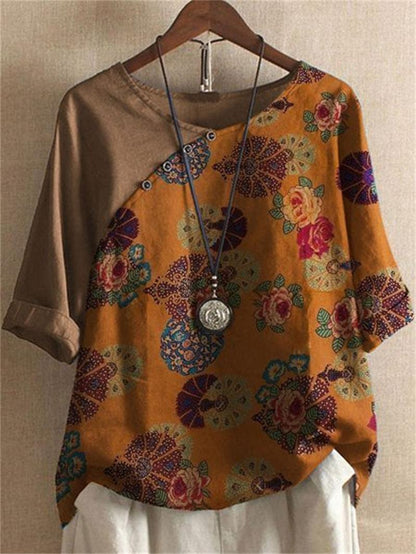 🔥Kurzärmliges Damen-T-Shirt mit Knopfleiste und Blumenmuster