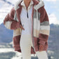 Damen 2024 Winter-Plüsch-Kapuzen-Colorblock-Jacke mit Taschen