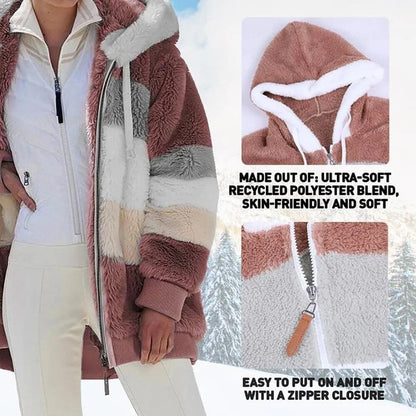 Damen 2024 Winter-Plüsch-Kapuzen-Colorblock-Jacke mit Taschen