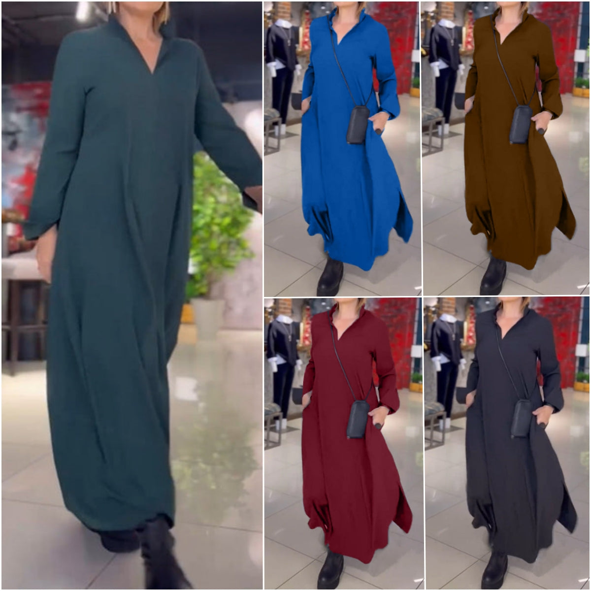 Einfarbiges, langärmliges Kleid mit V-Ausschnitt