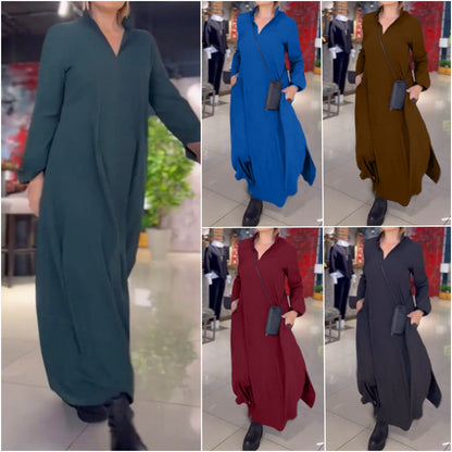 Einfarbiges, langärmliges Kleid mit V-Ausschnitt