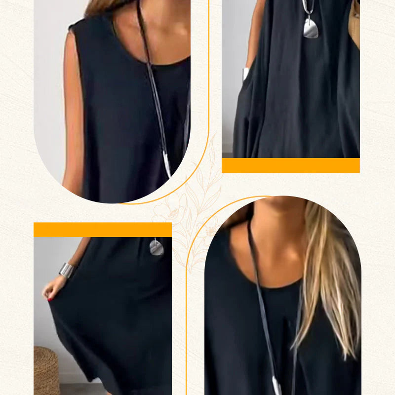 👗20% Rabatt 👍Ärmelloses Freizeitkleid aus Baumwolle und Leinen mit Tasche