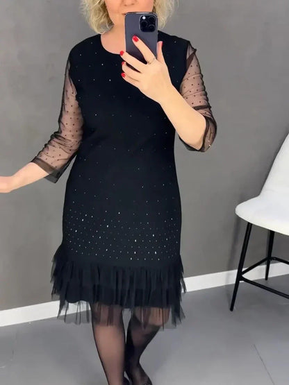🔥Solange der Vorrat reicht 40 % Rabatt!🎉Damenkleid mit Rundhalsausschnitt und einfarbigem Strass