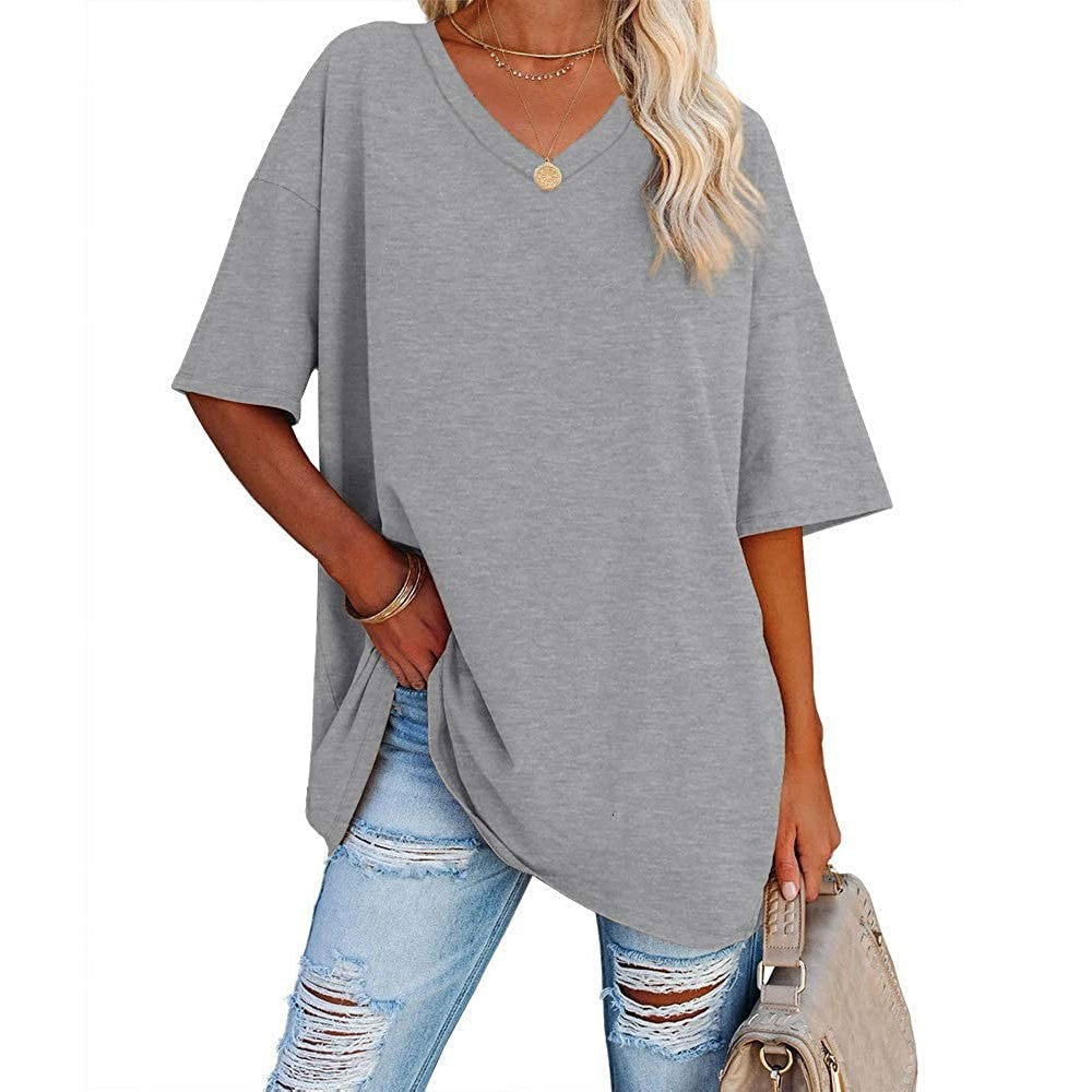 2024 Neues Frauen V-Ausschnitt Lose Passform Kurzarm T-Shirt