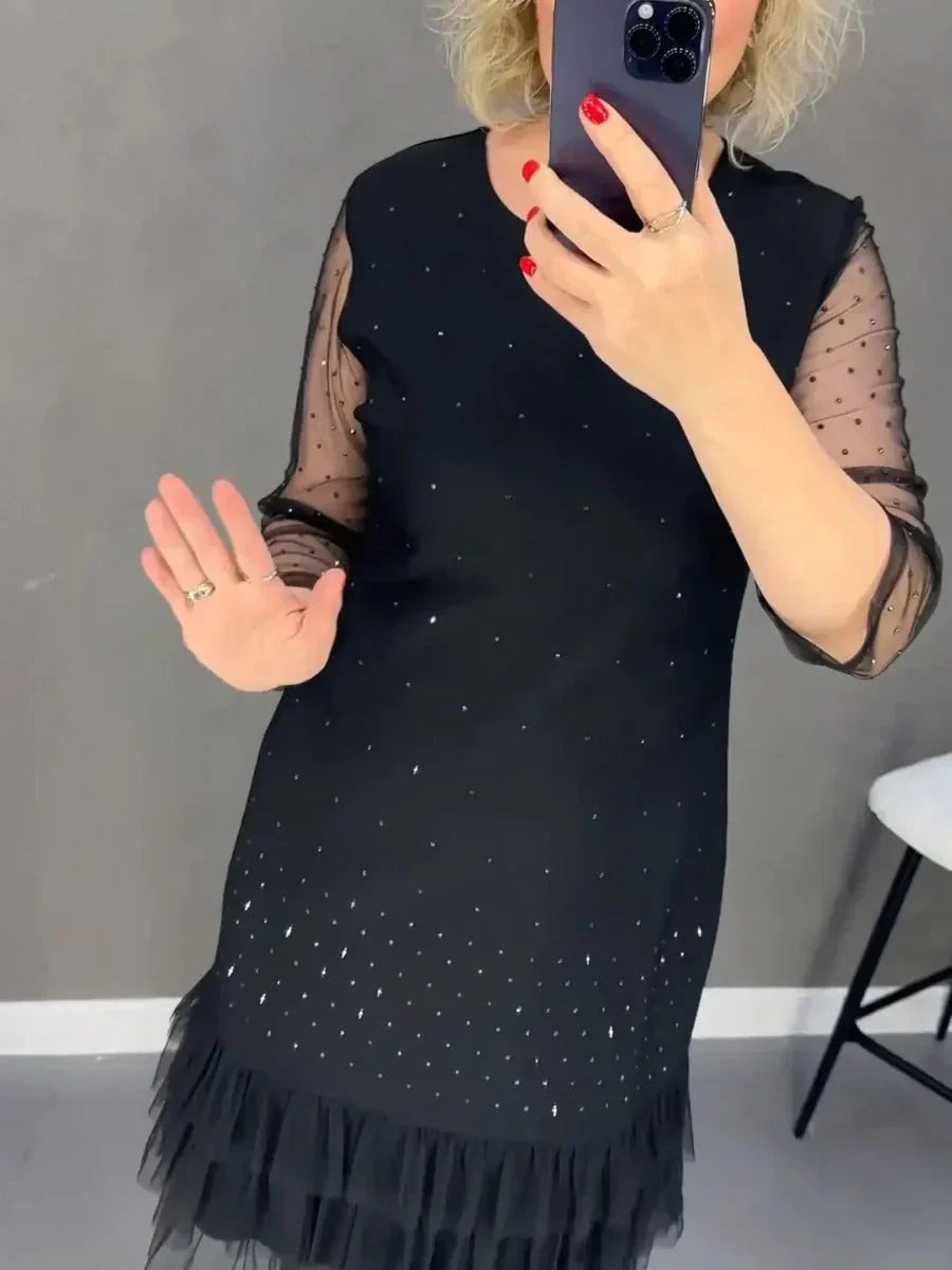 🔥Solange der Vorrat reicht 40 % Rabatt!🎉Damenkleid mit Rundhalsausschnitt und einfarbigem Strass