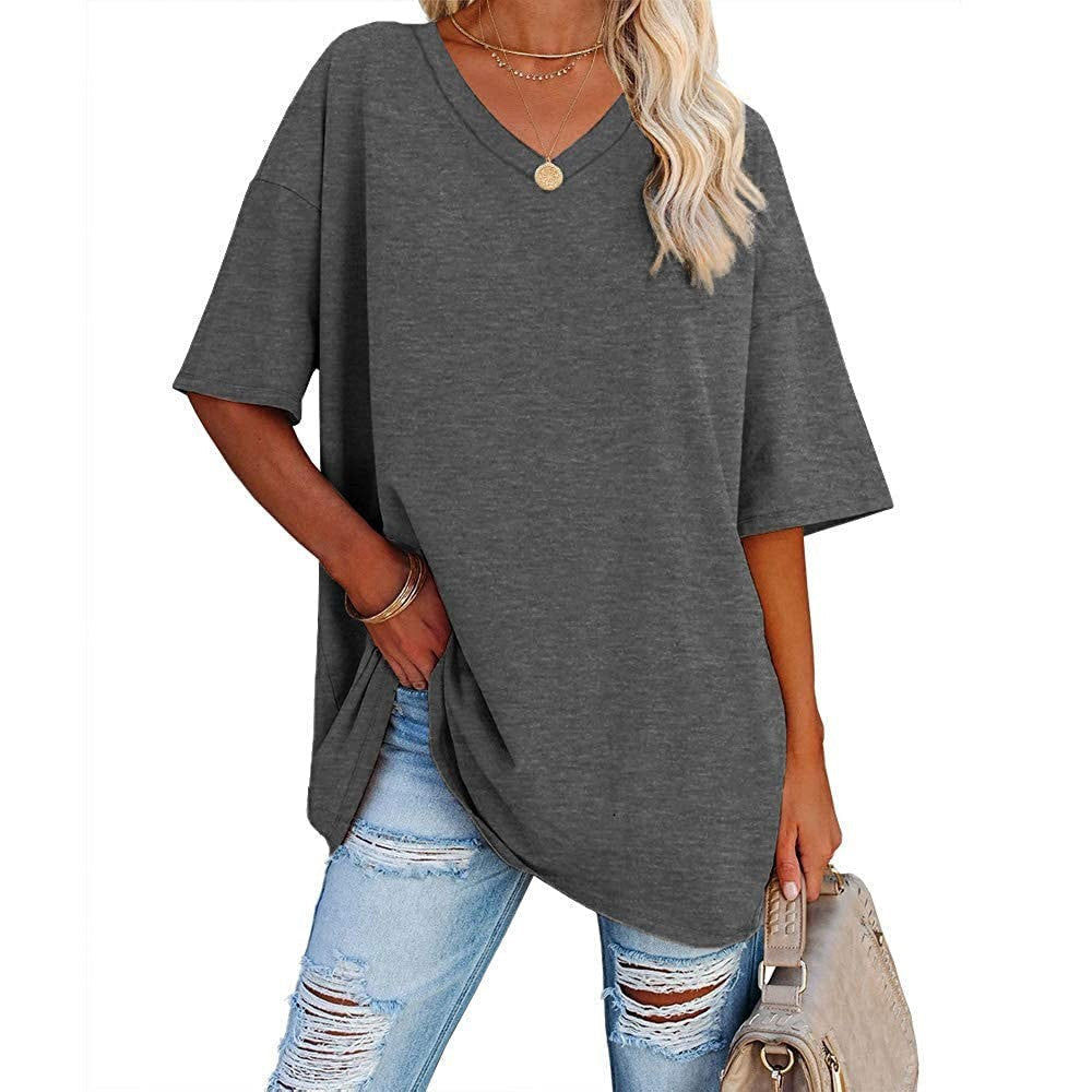 2024 Neues Frauen V-Ausschnitt Lose Passform Kurzarm T-Shirt