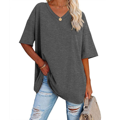 2024 Neues Frauen V-Ausschnitt Lose Passform Kurzarm T-Shirt