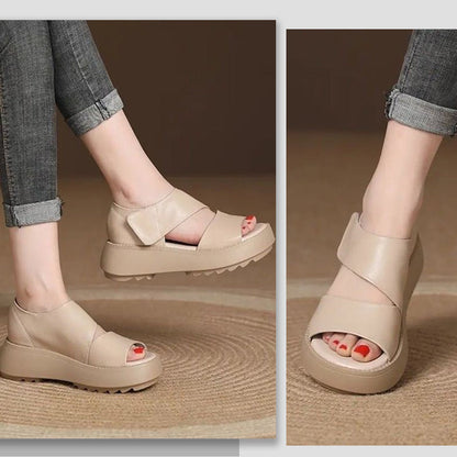 Damen-Retro-Sandalen mit dicker Sohle und Klettverschluss-Hergestellt aus hochwertigem Schweinsleder der ersten Schicht
