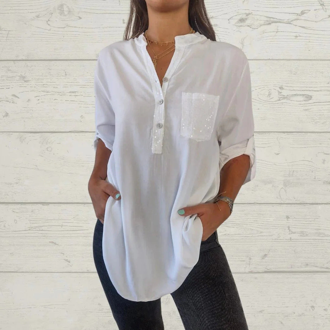 🌸V-Ausschnitt Shirt mit Pailletten und Patchwork für Frauen