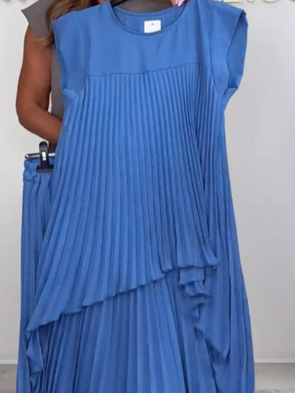 Laney plissiertes, unregelmäßiges Midi-Oberteil mit kurzen Ärmeln und Hose mit weitem Bein und elastischer Taille