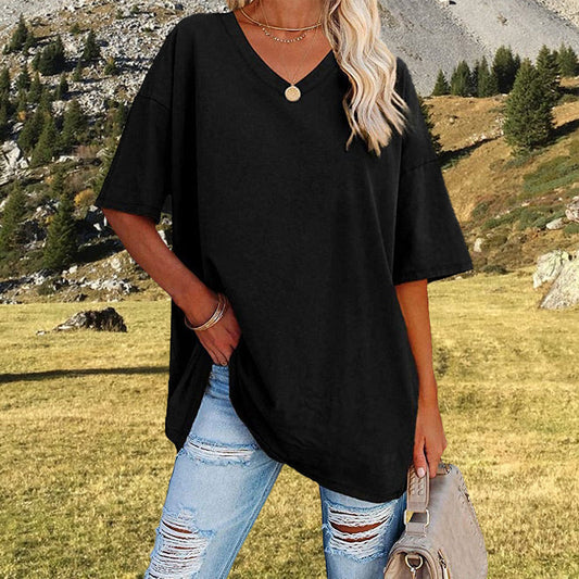 2024 Neues Frauen V-Ausschnitt Lose Passform Kurzarm T-Shirt