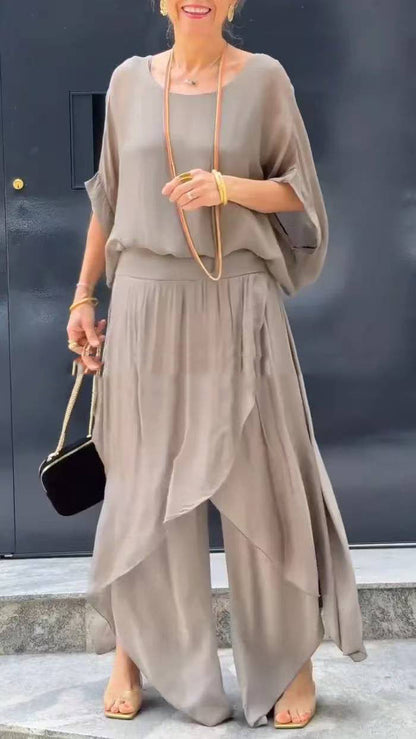 2-teiliges Set aus Chiffon mit lockerem Oberteil und weiten Schlitzhosen