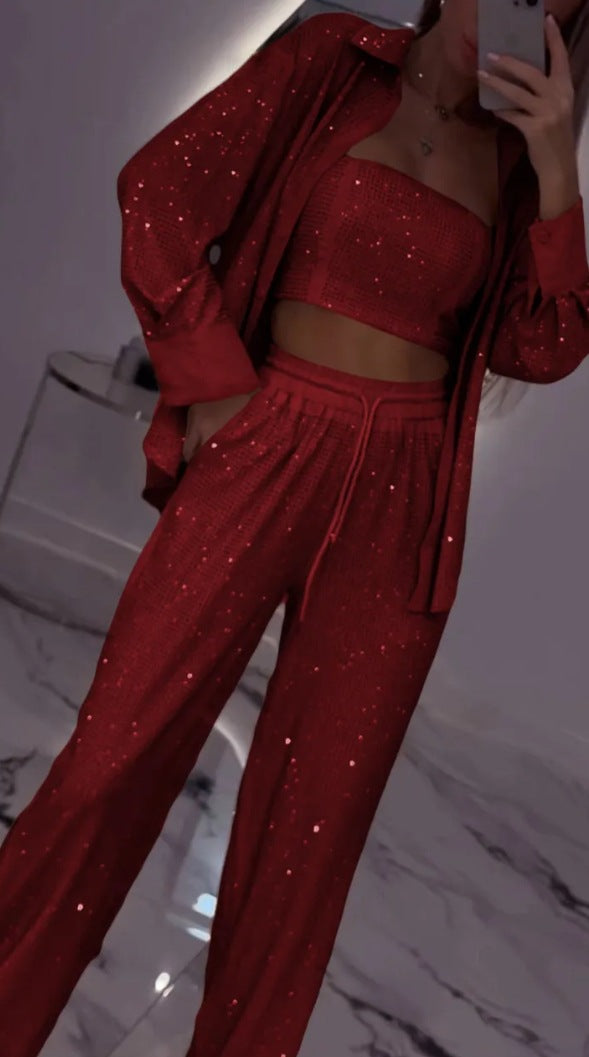 💕2025 HEISSER VERKAUF💐Paillettenblazer und weite Hose für Damen (3-teiliges Set)