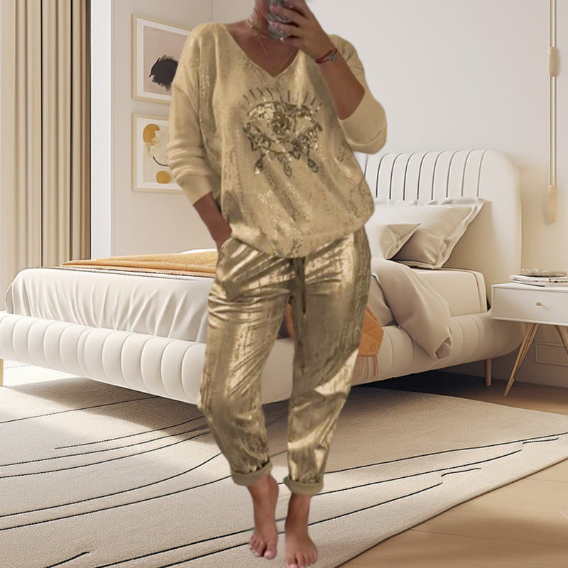2-teiliges Damen-Set: Devil's Eye Goldfolien-Oberteil und Pailletten-Hosen-Set