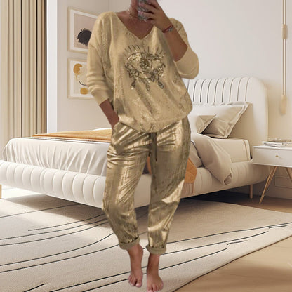 2-teiliges Damen-Set: Devil's Eye Goldfolien-Oberteil und Pailletten-Hosen-Set