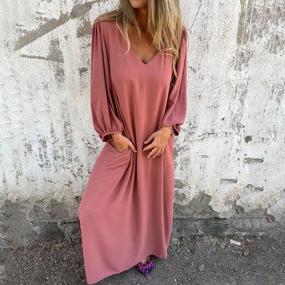 🔥V-Ausschnitt Volltonfarbe Laternenärmel Kleid