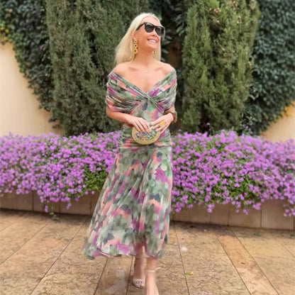 🌸Neuerscheinung 50% RABATT 💖Damen Trägerlos-Kleid mit V-Ausschnitt und Druck