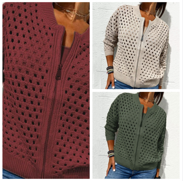 Lässige Damen Strickjacke mit Reißverschluss und hohlem Design