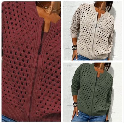 Lässige Damen Strickjacke mit Reißverschluss und hohlem Design
