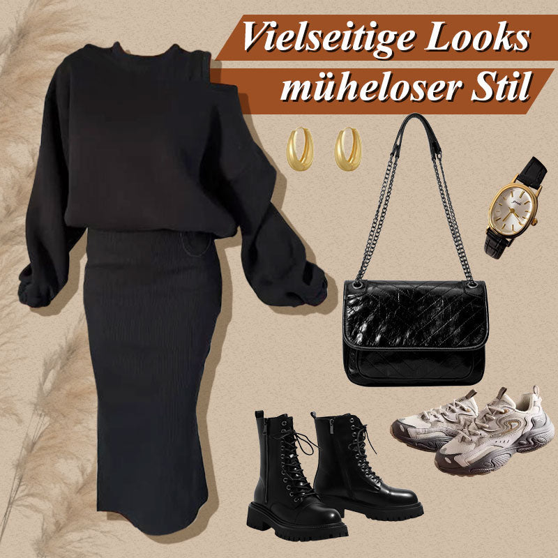 💖2025 Neue Mode – 50 % Rabatt🍂Damen-Set mit Sweatshirt mit schrägen Schultern und ärmellosem Kleid