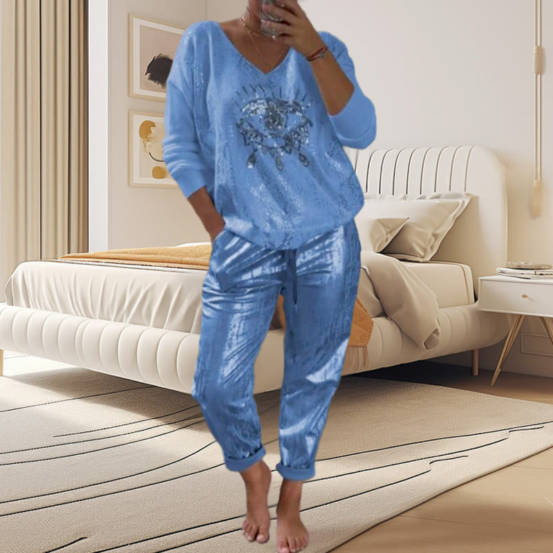2-teiliges Damen-Set: Devil's Eye Goldfolien-Oberteil und Pailletten-Hosen-Set
