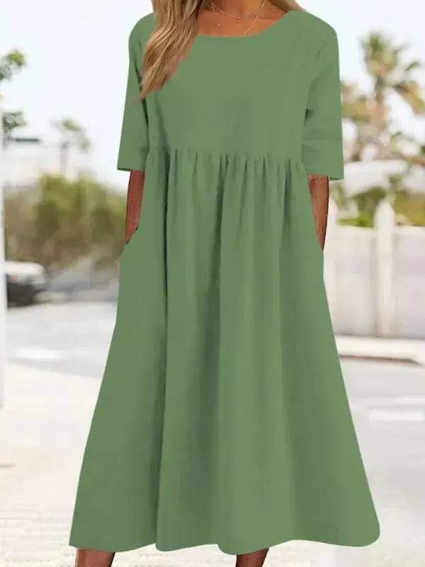 🌸50% Rabatt🌸Frauen gelegentlich grundlegender Outdoor -Crew -Nahrung Taschenpocket Smocked Baumwollkleid