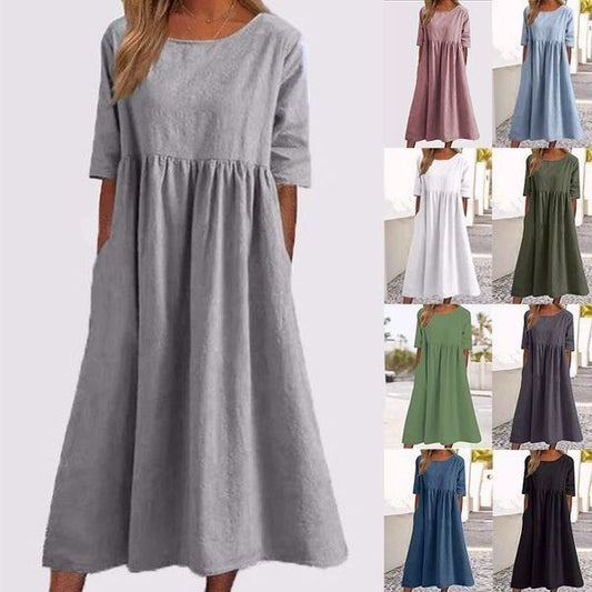 🌸50% Rabatt🌸Frauen gelegentlich grundlegender Outdoor -Crew -Nahrung Taschenpocket Smocked Baumwollkleid