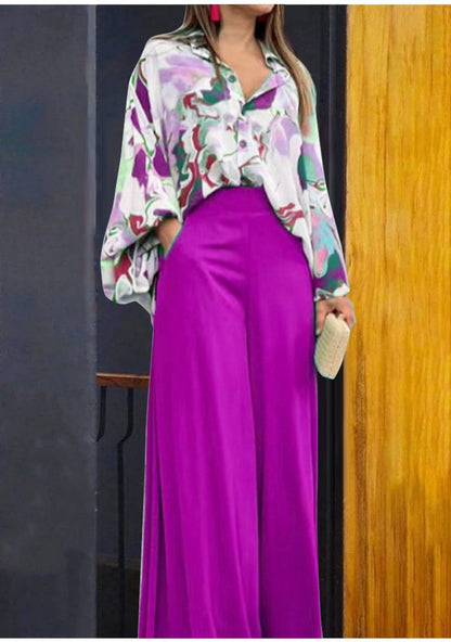 Geblümtes Damenhemd und Hose mit weitem Bein und hoher Taille (1 Set)