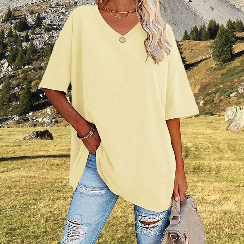 2024 Neues Frauen V-Ausschnitt Lose Passform Kurzarm T-Shirt