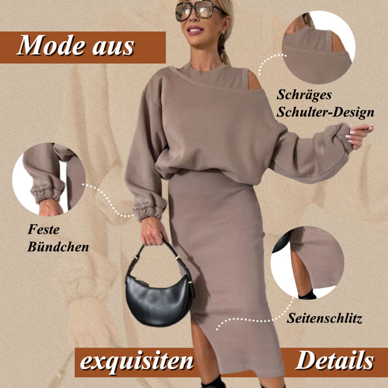 💖2025 Neue Mode – 50 % Rabatt🍂Damen-Set mit Sweatshirt mit schrägen Schultern und ärmellosem Kleid