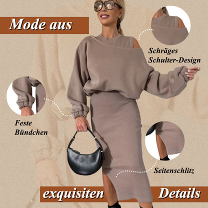 💖2025 Neue Mode – 50 % Rabatt🍂Damen-Set mit Sweatshirt mit schrägen Schultern und ärmellosem Kleid