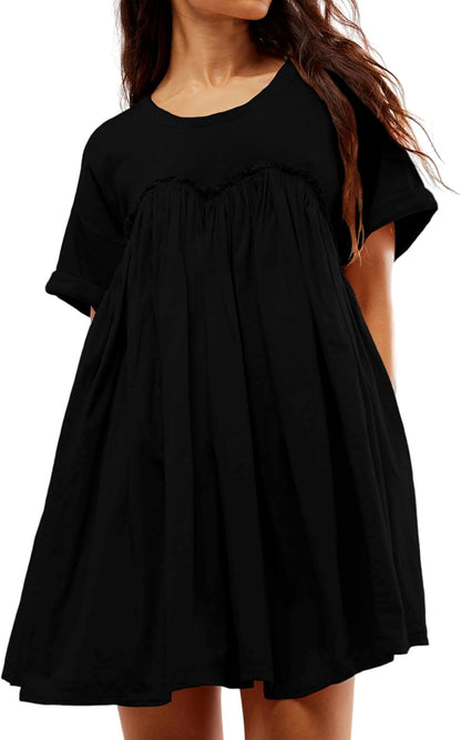 🔥Damen Sommer Plissee Babydoll Kleid mit Taschen