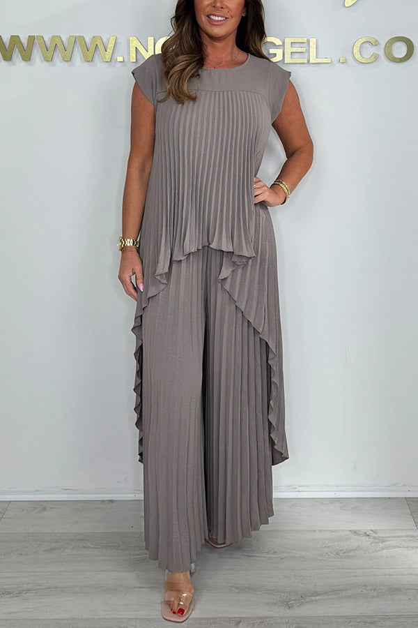 Laney plissiertes, unregelmäßiges Midi-Oberteil mit kurzen Ärmeln und Hose mit weitem Bein und elastischer Taille