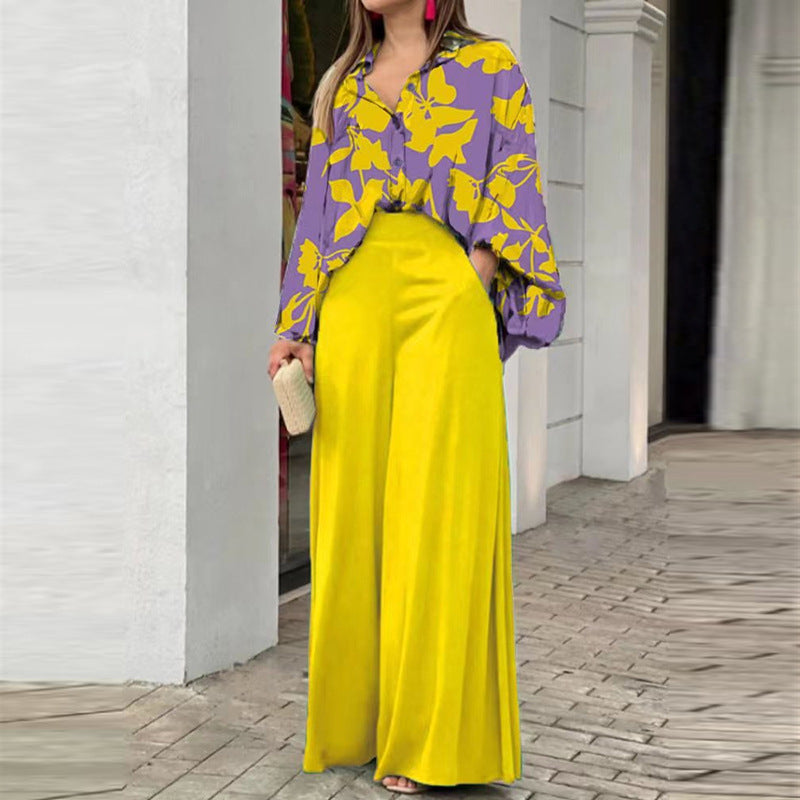 Geblümtes Damenhemd und Hose mit weitem Bein und hoher Taille (1 Set)