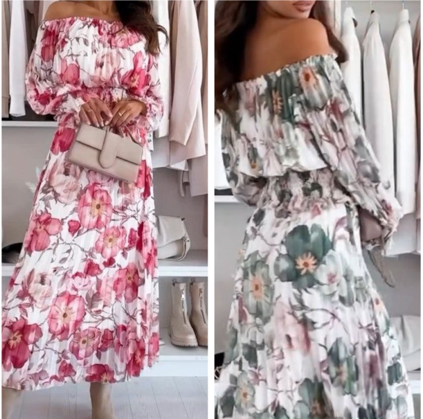 🌷50% RABATT❤️‍🔥Zweiteiliges Set mit Blumenmuster: Off-Shoulder-Bluse & Maxirock