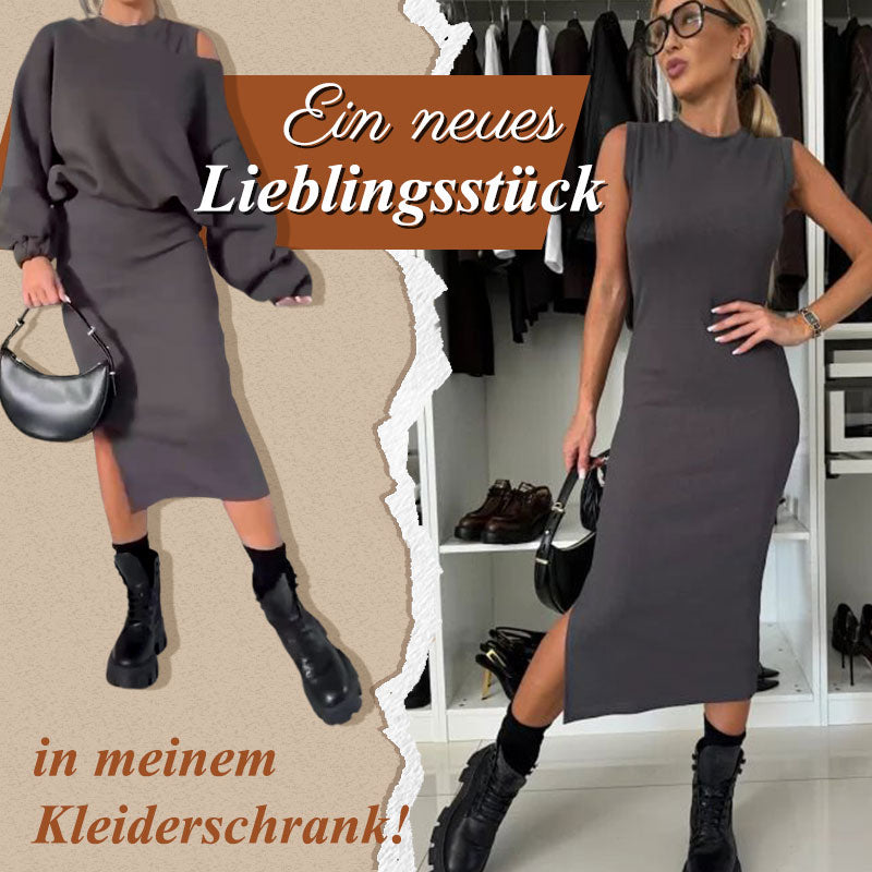 💖2025 Neue Mode – 50 % Rabatt🍂Damen-Set mit Sweatshirt mit schrägen Schultern und ärmellosem Kleid