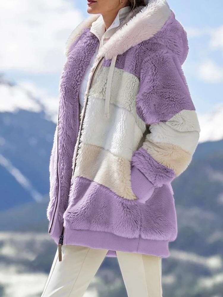 Damen 2024 Winter-Plüsch-Kapuzen-Colorblock-Jacke mit Taschen