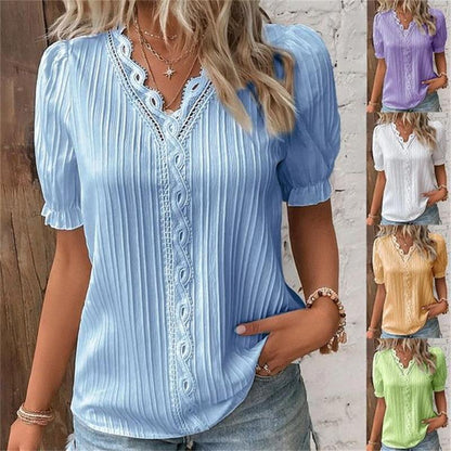 V Ausschnitt Schlichtes Spitze Elegantes Shirt