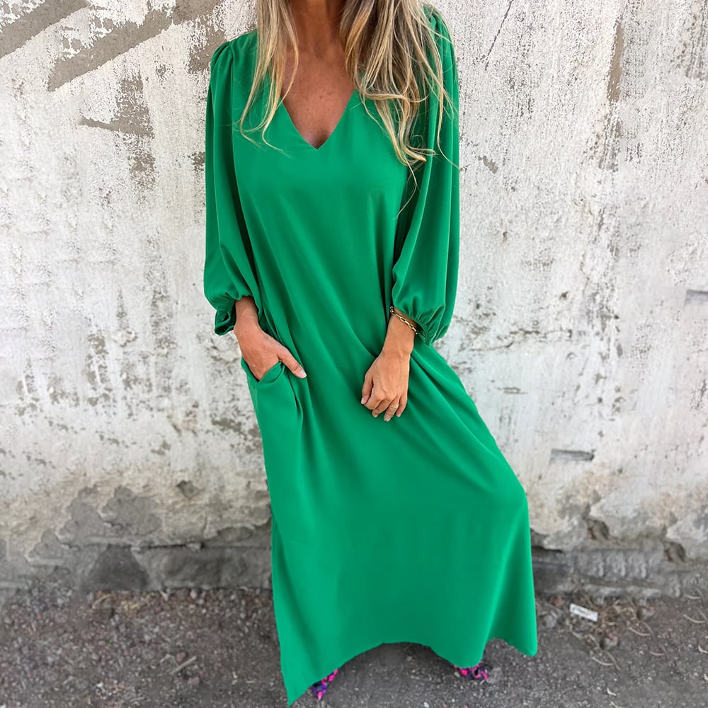 🔥V-Ausschnitt Volltonfarbe Laternenärmel Kleid