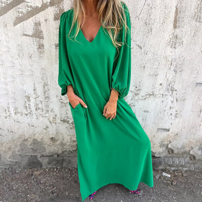 🔥V-Ausschnitt Volltonfarbe Laternenärmel Kleid
