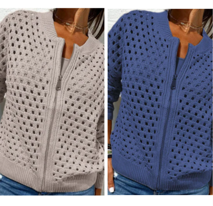 Lässige Damen Strickjacke mit Reißverschluss und hohlem Design