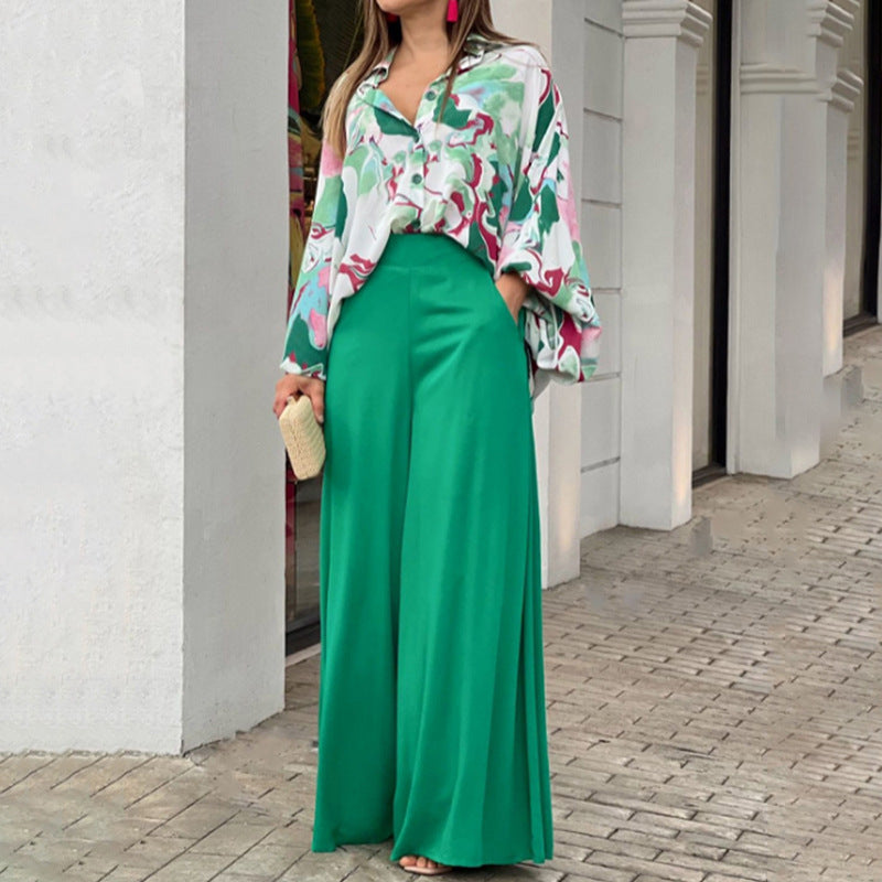 Geblümtes Damenhemd und Hose mit weitem Bein und hoher Taille (1 Set)