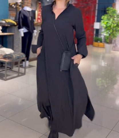 Einfarbiges, langärmliges Kleid mit V-Ausschnitt