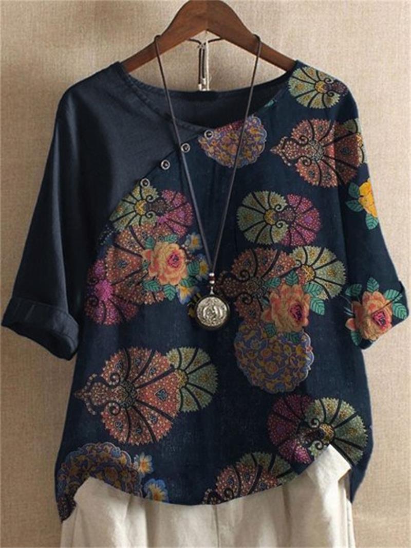 🔥Kurzärmliges Damen-T-Shirt mit Knopfleiste und Blumenmuster